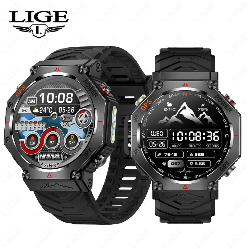 

LIGE 2025 New Men's GPS Smart Watch with Flashlight 1.39inch Ultra HD Display Bluetooth Call Smartwatch Man 530mAh Battery Clock