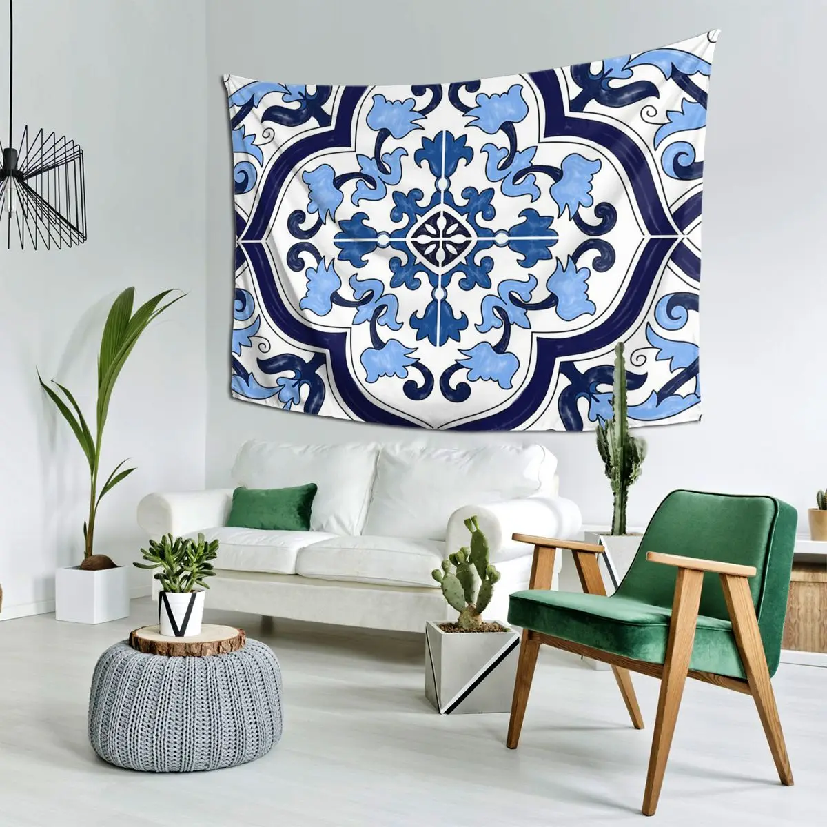 

Синий декоративный цветочный средиземноморский сицилийский гобелен 1, настенный гобелен, эстетический домашний декор, гобелены для комнаты в общежитии