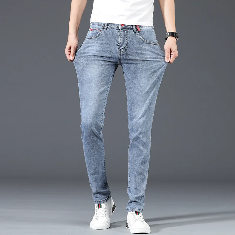 Pantalones vaqueros elásticos para hombre, Jeans ajustados de algodón, clásicos e informales, color azul claro, moda coreana, 2024