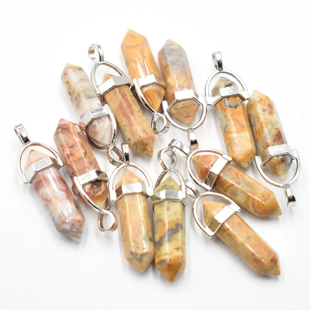 Wholesale 12 24 50pcs/lot natural stone Crazy Agate pillar shape point Chakra charms pendant for jewelry making free shipping
