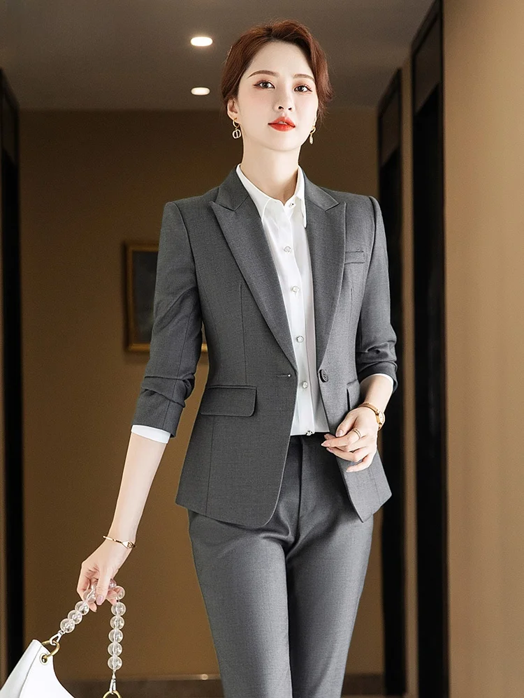 Gray Suit Set for Women Spring Autumn High End Hotel Manager Work Uniform Fashionable Commute Professional Interview Formal Wear