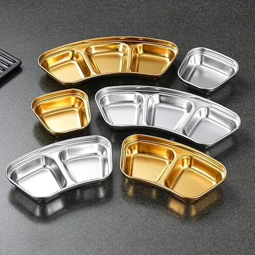 

304 Stainless Steel Fan-Shaped Seasoning Plate Barbecue Dipping Sauce Plate Thick Grid Design for Easy Sauce Control