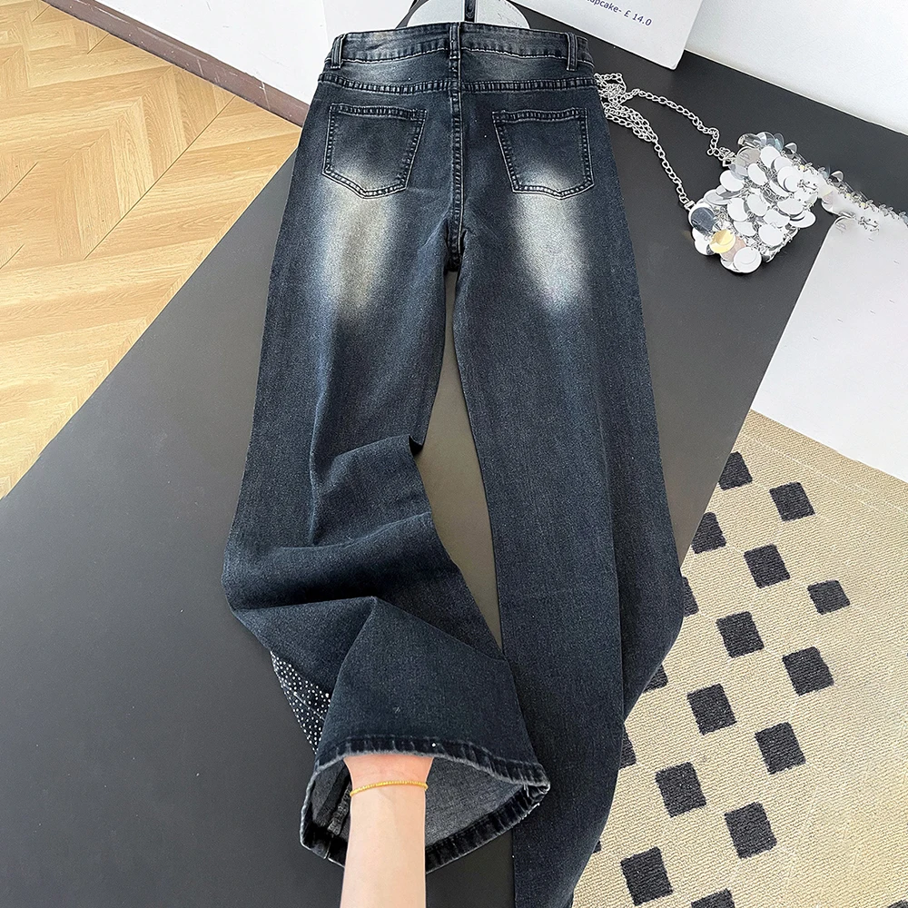 Trendy Diamonds Slim Falred Denim Pants for Women American Style Sparkly Rhinestone Vintage Blue Washed Jeans Fit Stretch Jeans