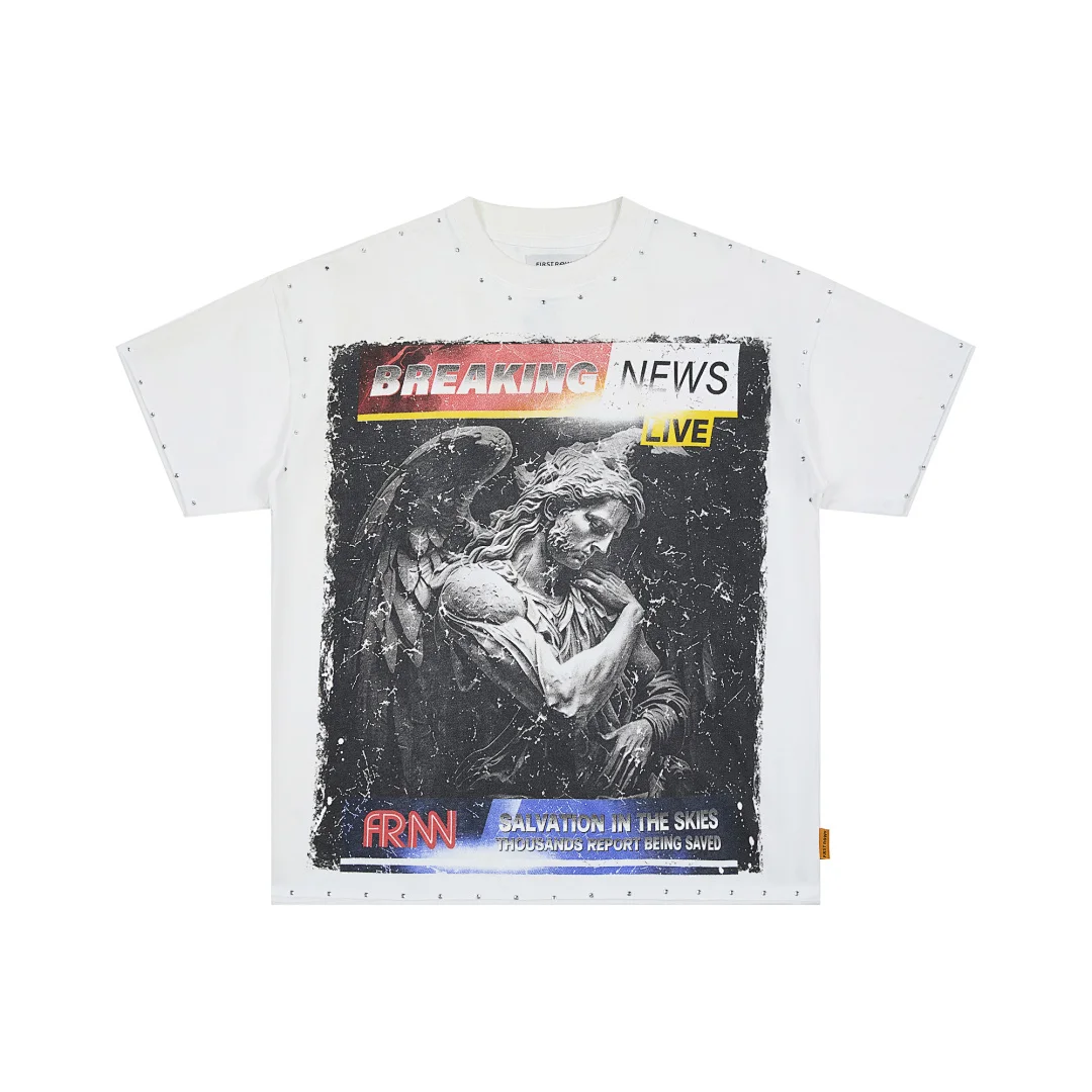 High Quality Oversized White Rhinestone Tee Men FIRST ROW Breaking News Print T-shirt Retro Streetwear Loose Casual T shirt