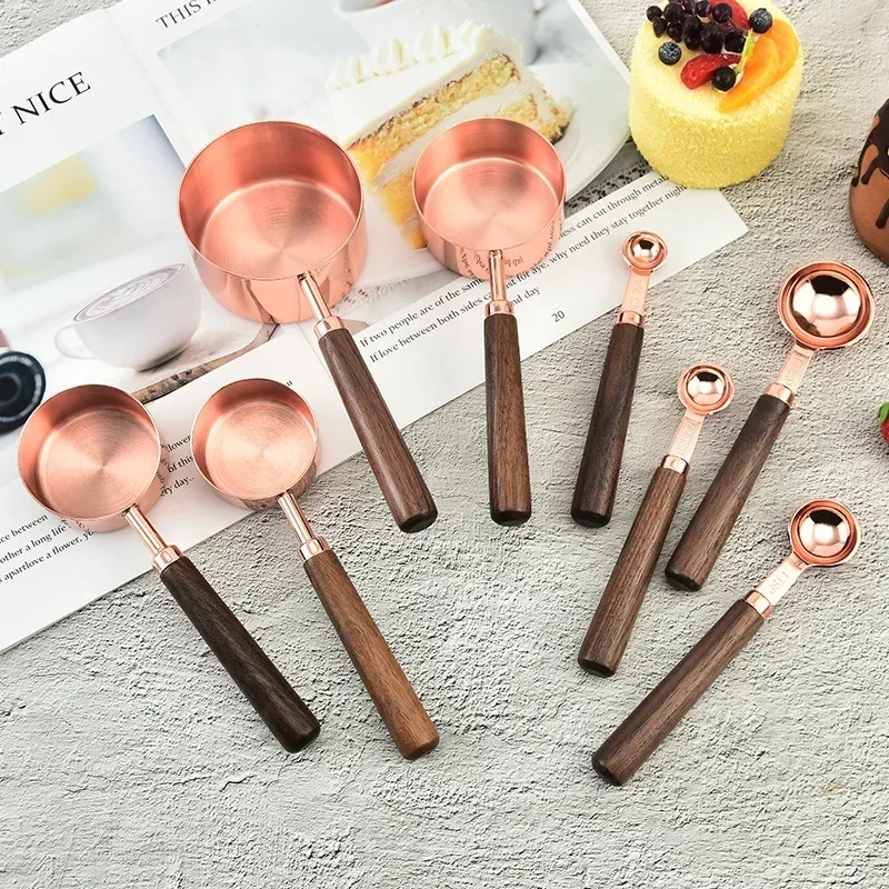 4pcs Rose Gold Plated Stainless Steel Measuring Cups Coffee Scoop Spoon With Wooden Handle Cake Kitchen Baking Tools