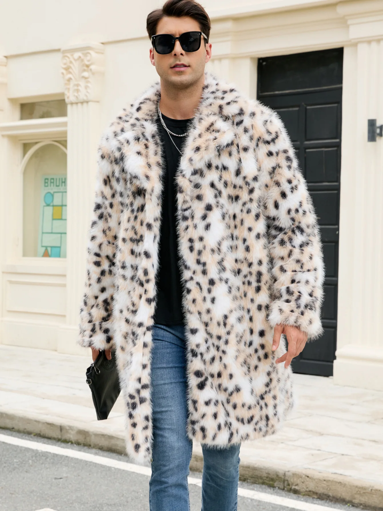 A new men's long faux fur coat with over-the-knee leopard print thickened and elegant fur coat
