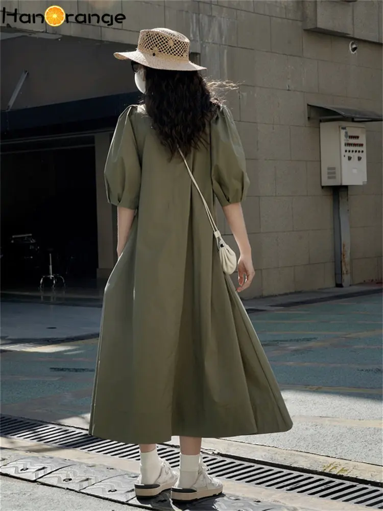 HanOrange 2024 Summer Lazy Holiday Puff Sleeve Dress Loose Straight Soft Midi Dress Off White/Grass Green