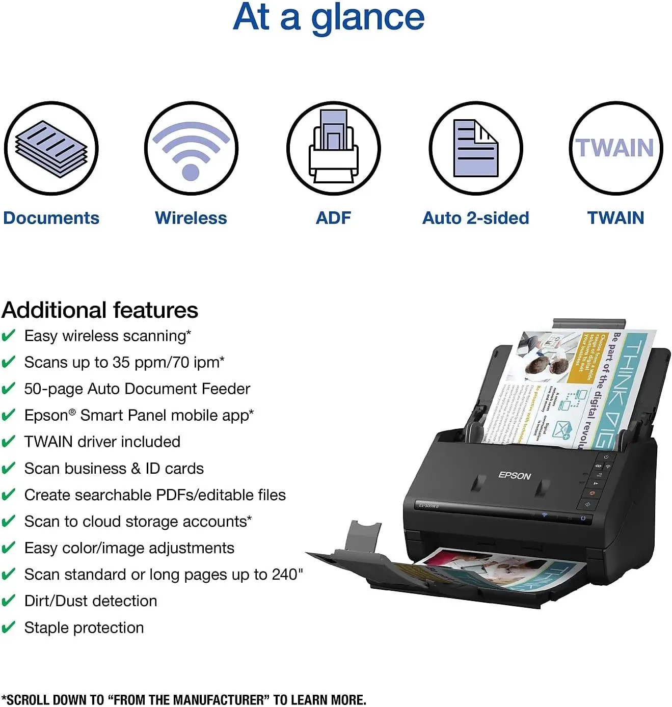 Workforce ES-500W II Wireless Color Duplex Desktop Document Scanner for PC , with Auto Document Feeder (ADF)