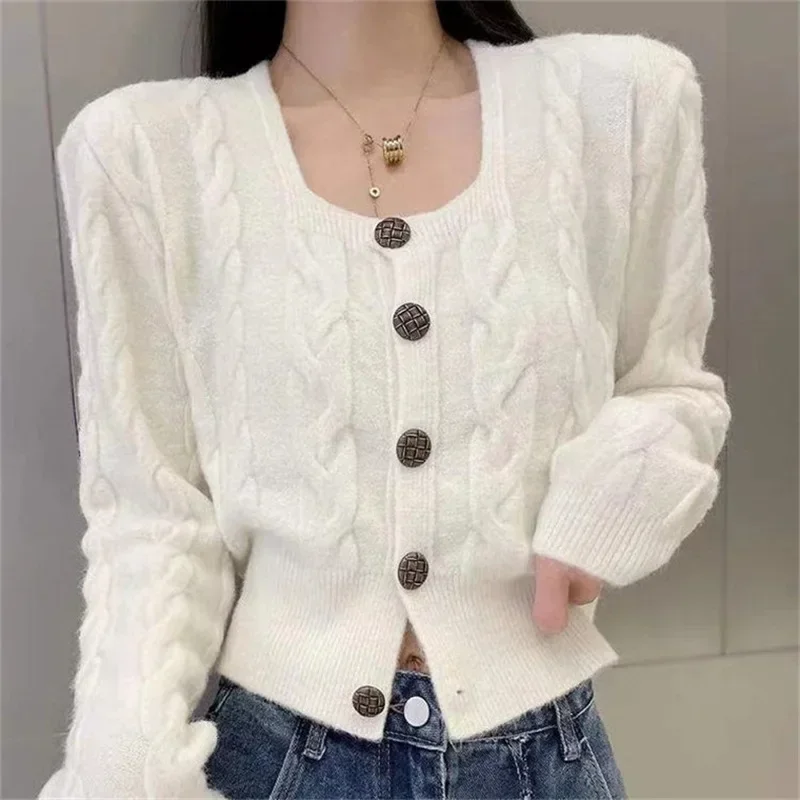 Women Square Collar Full Sleeve Cardigan Splice Solid Knitted Sweaters Tight Waist Short Tops Autumn 2023 Casual Slim Fit