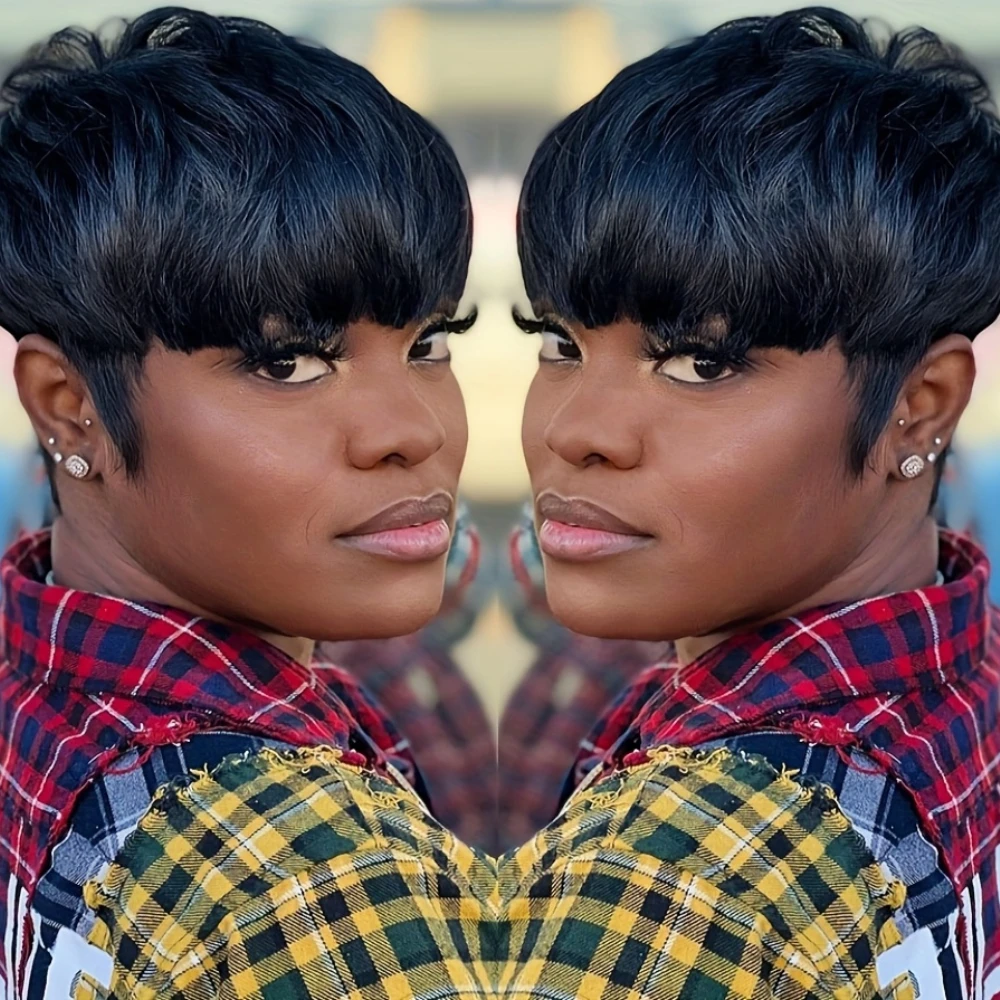 픽시 컷 스트레이트 인모 가발 여성용 전체 기계 제작 인모 가발 150% 밀도 6인치