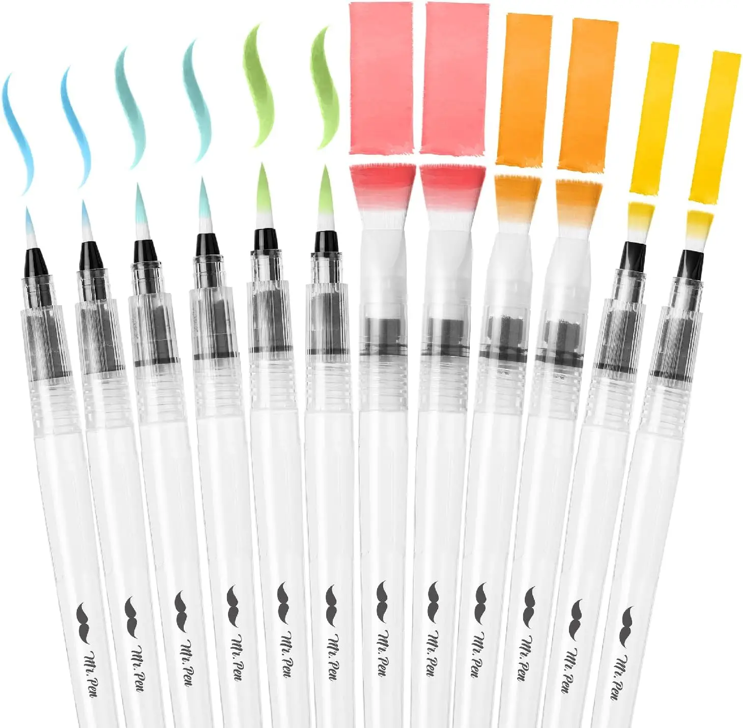 

Watercolor Brush Pens, 12 pcs, 6 Point & 6 Flat Tips, Refillable, Nylon Bristles for Acrylic, Gouache, Drawing