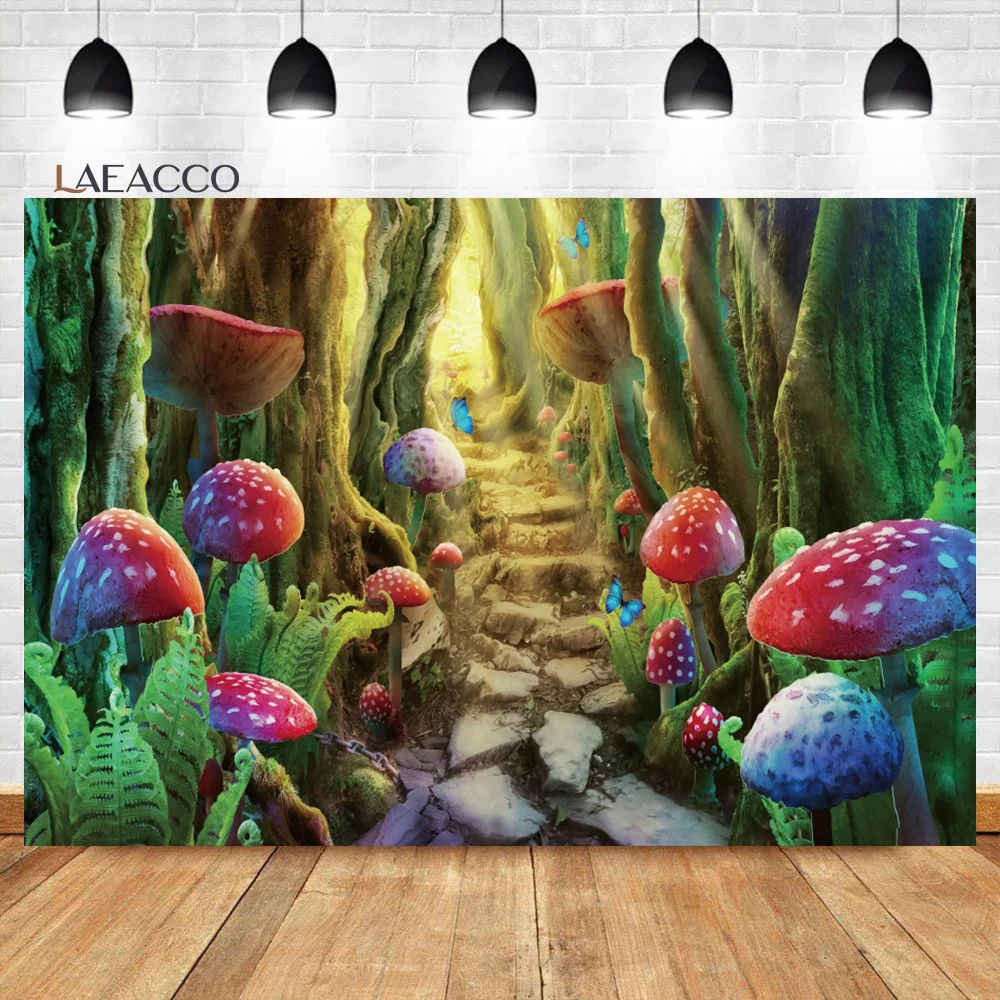 

Laeacco Spring Enchanted Forest Backdrop Mushroom Fantasy Fairy Tale Dreamy Kid's Birthday Party Portrait Photography Background