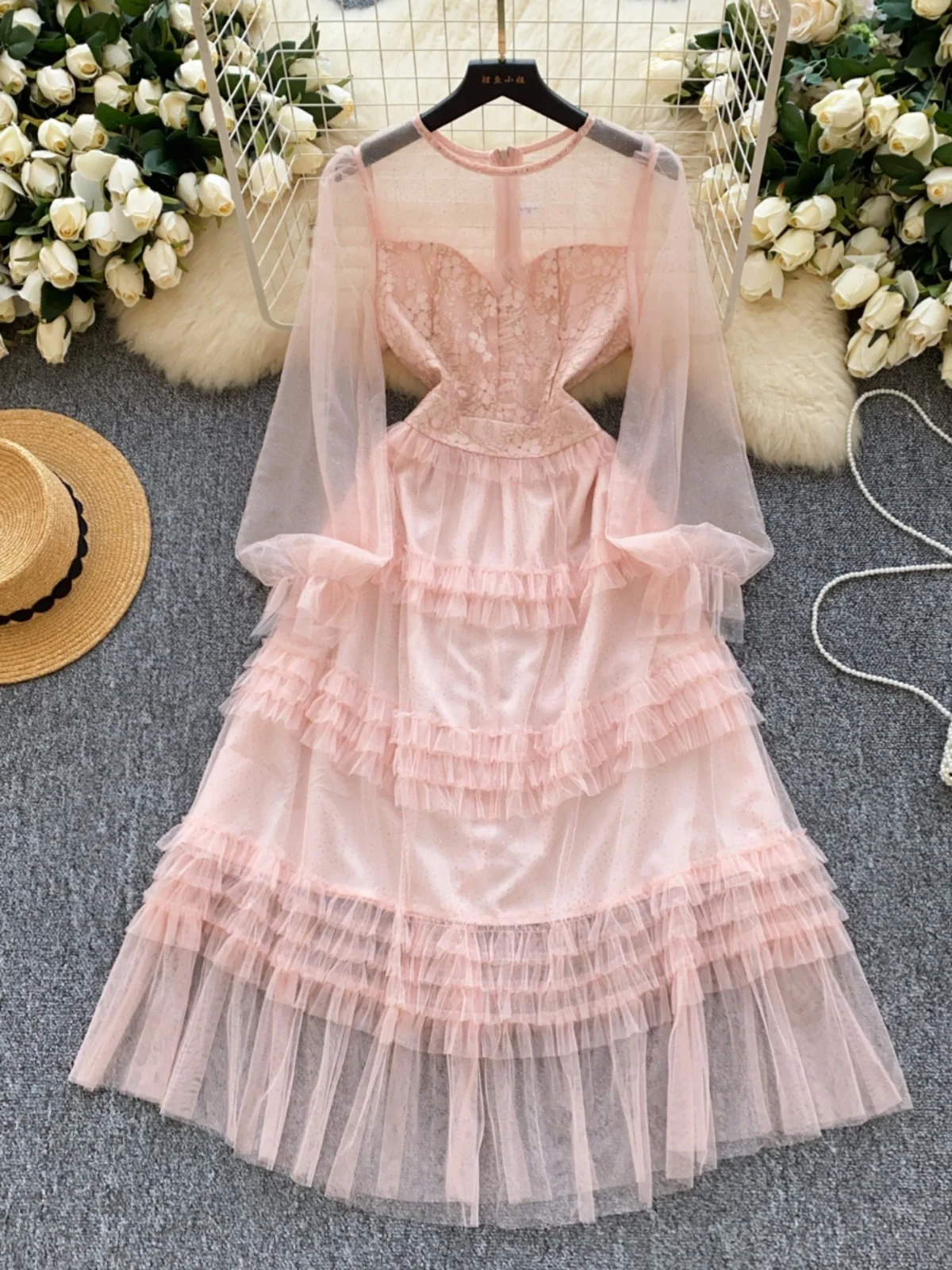 Elegant Mesh Embroidery Tulle Cake Dresses Women Spring Summer See Through Ruffles Party Midi Vestidos Evening Wedding Robe