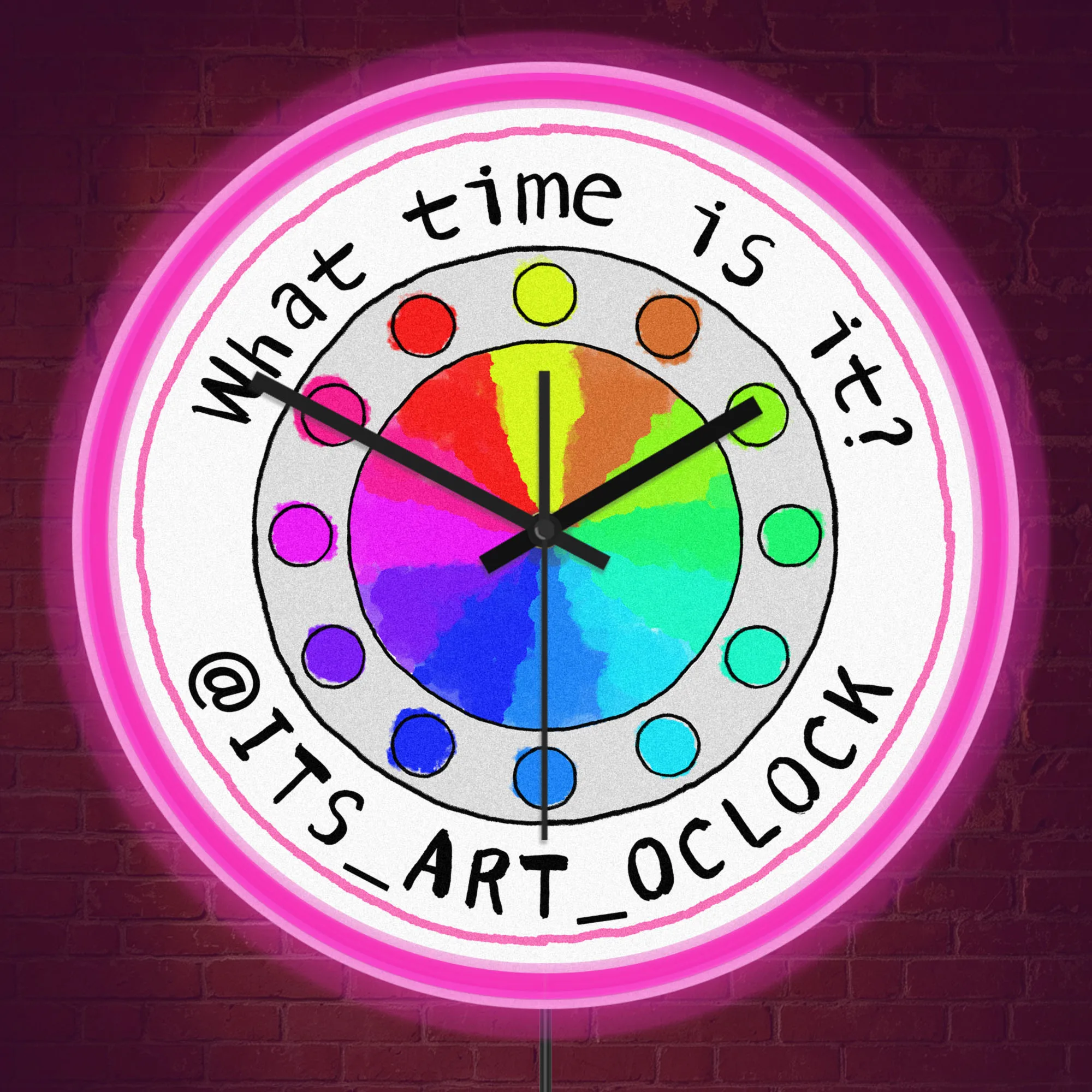 Hand Drawn Rainbow Color Wheel Art Wall Clock  with Glowing Neon Border Color Spectrum LED Night Light for Art Studio Classroom