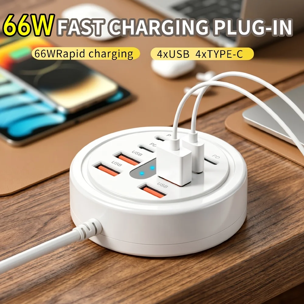 Estação de Carregamento USB Multiportas 66W com 4 Portas USB-A de Carregamento Rápido QC e 4 Portas Tipo-C, Hub Carregador de Mesa para Celular, Tablet, Casa e Escritório