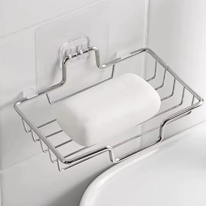 Stainless Steel Drain Rack Bathroom Soap Tray Dish Kitchen Sink Rack Holder Sponge Self-adhesive Storage Shelf