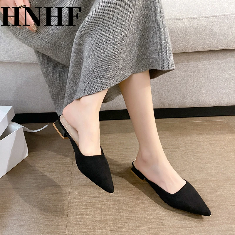 HNHF Women Leopard Mules Leather Pu Square Heel Slippers New Woman Luxury Designer PU Leather Slides Elegant Office Shoes