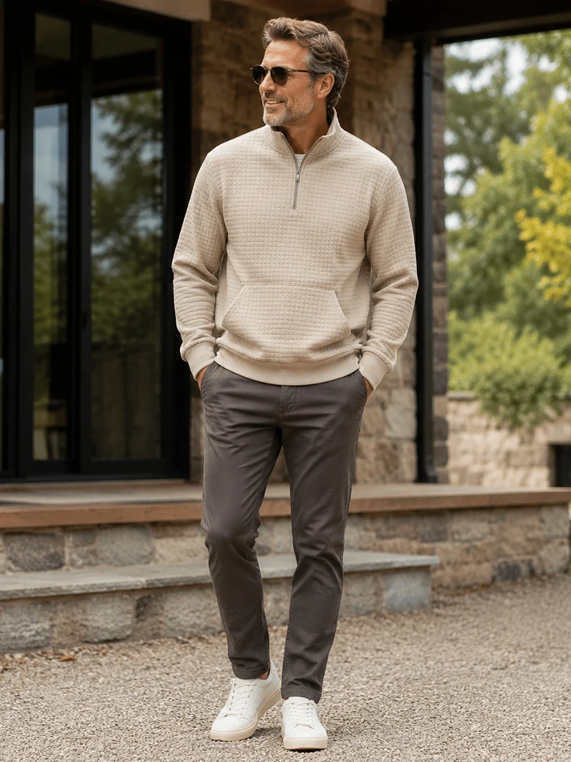 Herren Waffelstruktur Stehkragen Halbreißverschluss Langarm-Sweatshirt mit Kängurutasche, Locker Geschnitten, Frühling Herbst Weicher Lässiger Pullover – Detail 13
