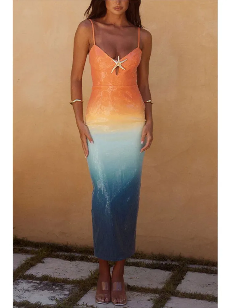 

Sequins Gradient Spaghetti Strap Slim Maxi Dress Women Starfish Hollow Out Sleeveless Package Hip Sparkle Slit Party Dresses