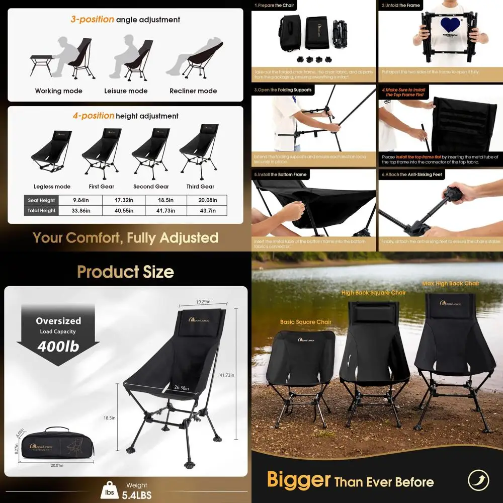 

Adjustable High Back Folding Camping Chair for Adults - 400 lbs Capacity, Pillow Pocket, Wide Seat for Outdoor Adventures