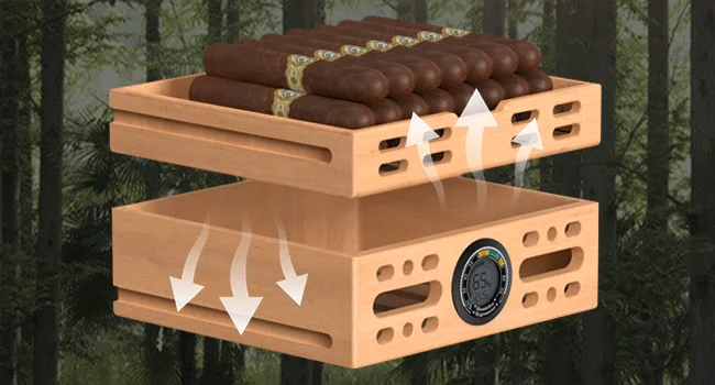Zigarre-Humidor, Zigarrenschrank aus Zedernholz mit Schublade für 80–120 Zigarren, LED-Beleuchtungssystem, digitales Thermometer und 2 Luftbefeuchter – Detail 3