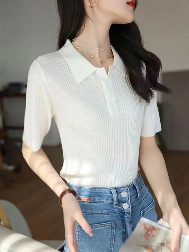 Primavera estate donna cotone lavorato a maglia Polo camicie a maniche corte top femminile elastico sottile Casual maglia Tee top t-shirt da ragazza