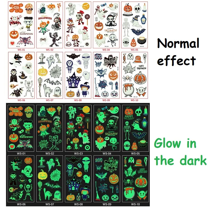 Новые Светящиеся Татуировки, наклейки на Хэллоуин, Детские Мультяшные Светящиеся Татуировки, Временные татуировки, боди-арт, искусственные татуировки на руку для детей