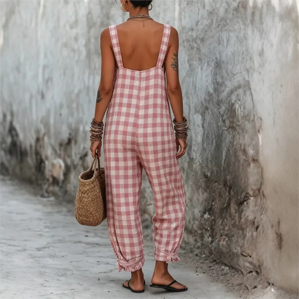 Fashion Summer Plaid Jumpsuit Women Sleeveless Square Neck Loose Trousers Casual Holiday Beach Boho Style Romper With Ruffle Hem view 6