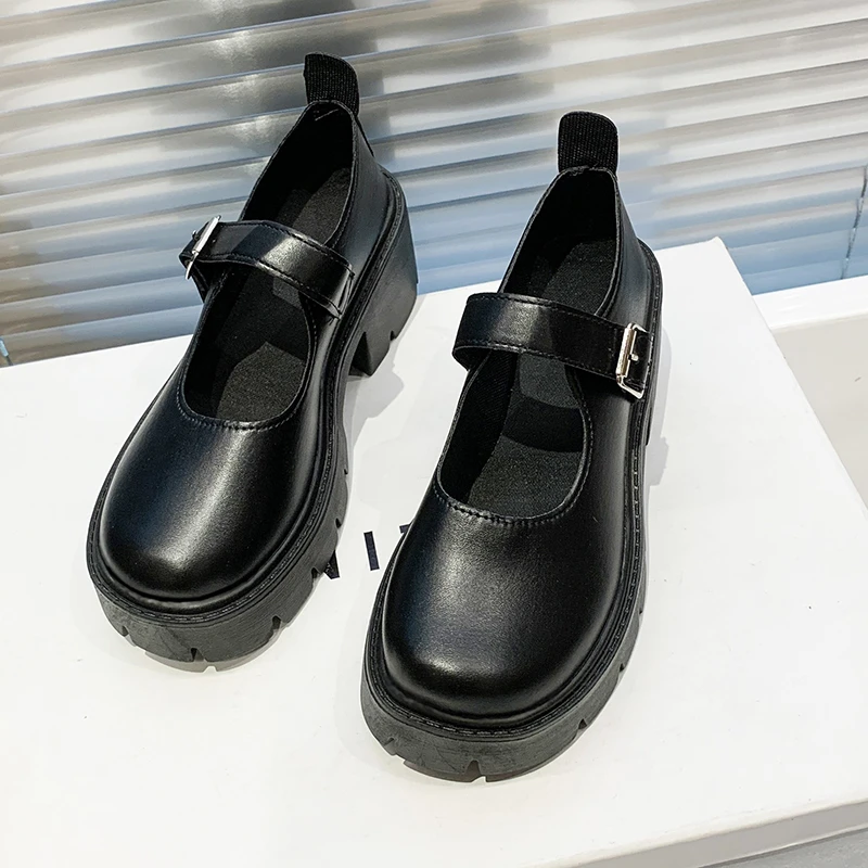 Thick-soled Small Leather Shoes for Women's Spring 2025 New Retro Round Head One-word Buckle Single Shoes