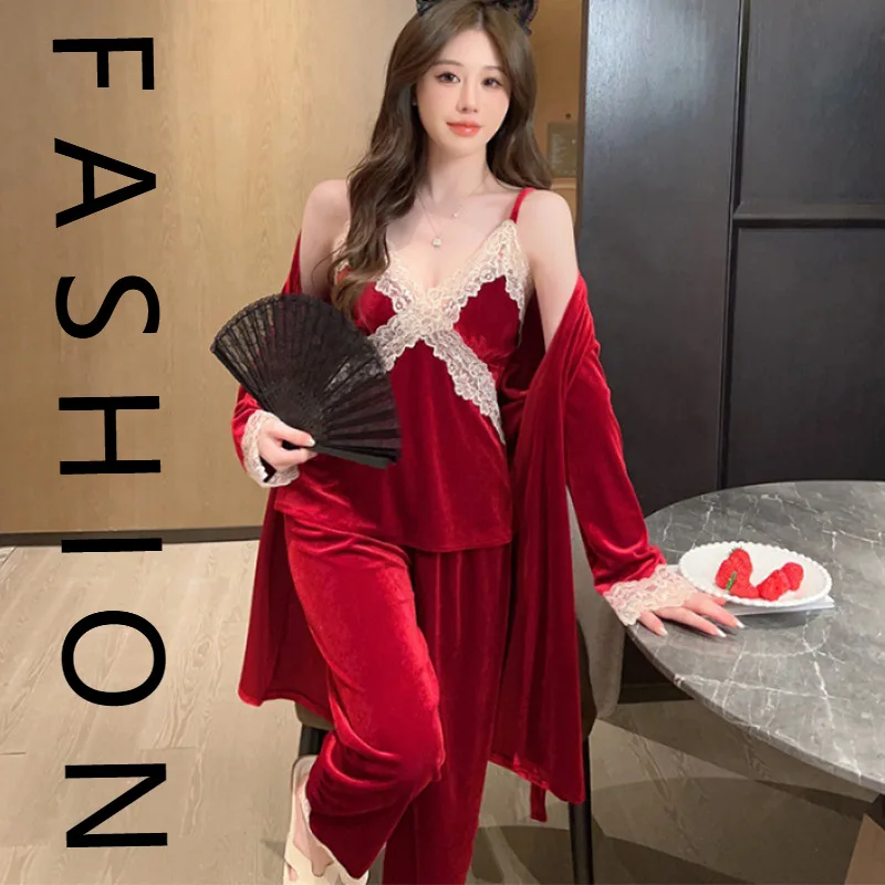 

Золотые бархатные пижамы женские, новинка осени и зимы 2023, сексуальное кружево с нагрудником, ночная рубашка на подтяжках, брюки, комплект из трех предметов n