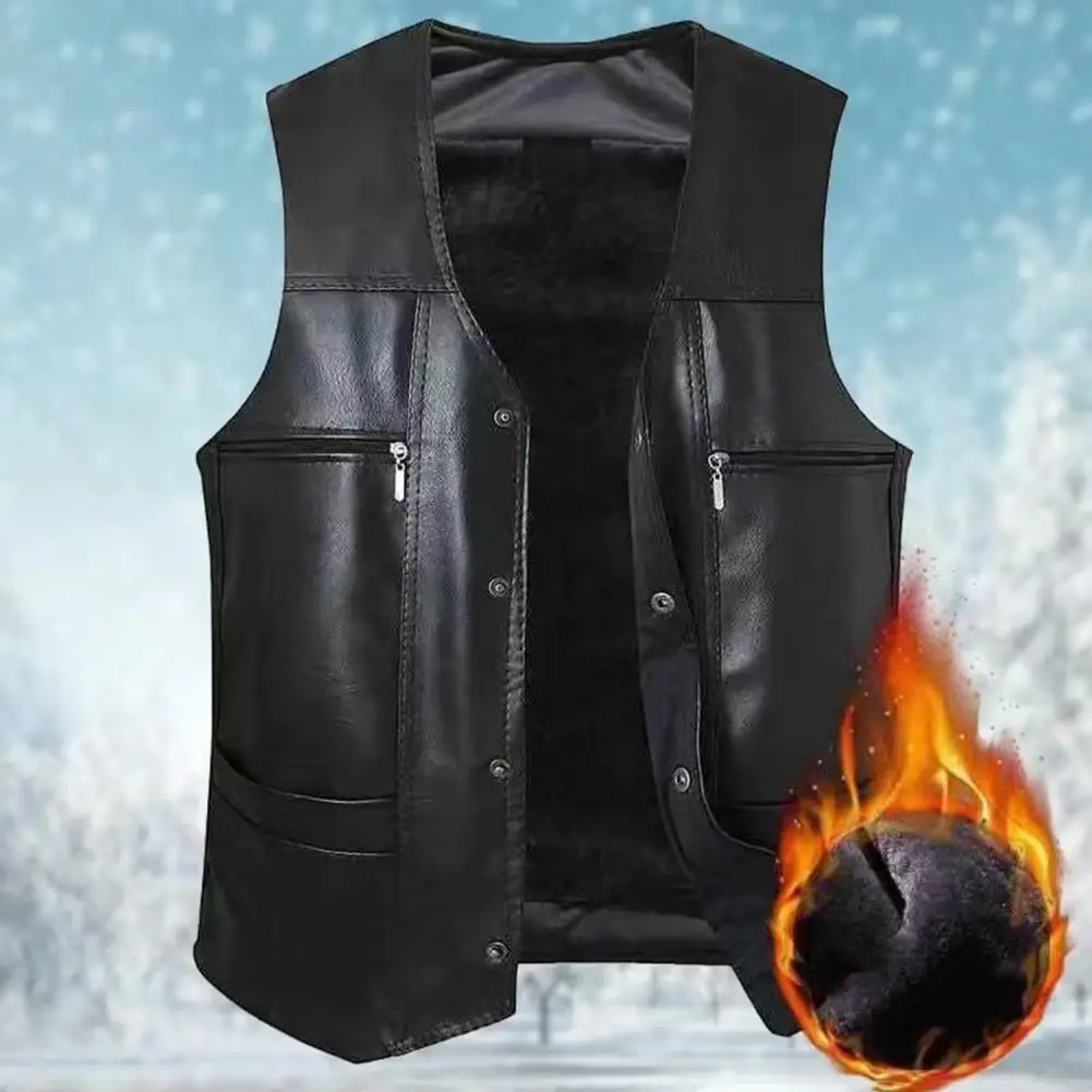 

Men Faux Leather Vest Mid-aged Men's Faux Leather Winter Vest with Plush Lining Multiple Pockets for Warmth Style Warm Men Vest