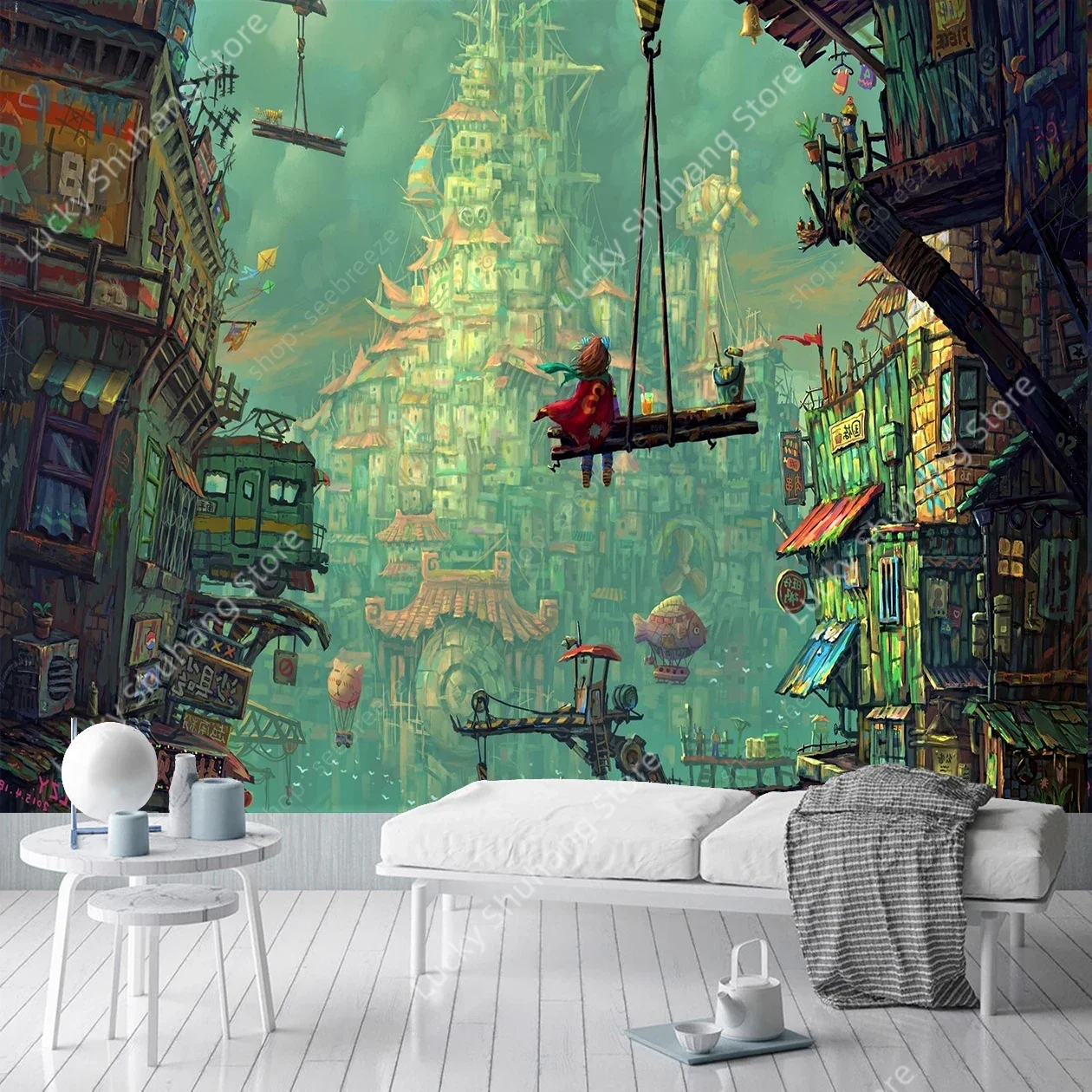 Fantasy Steampunk Cityscape Tapestry Child on Swing East West Architecture Blend Vibrant Teal Coral Home Wall Art Bedroom Decor