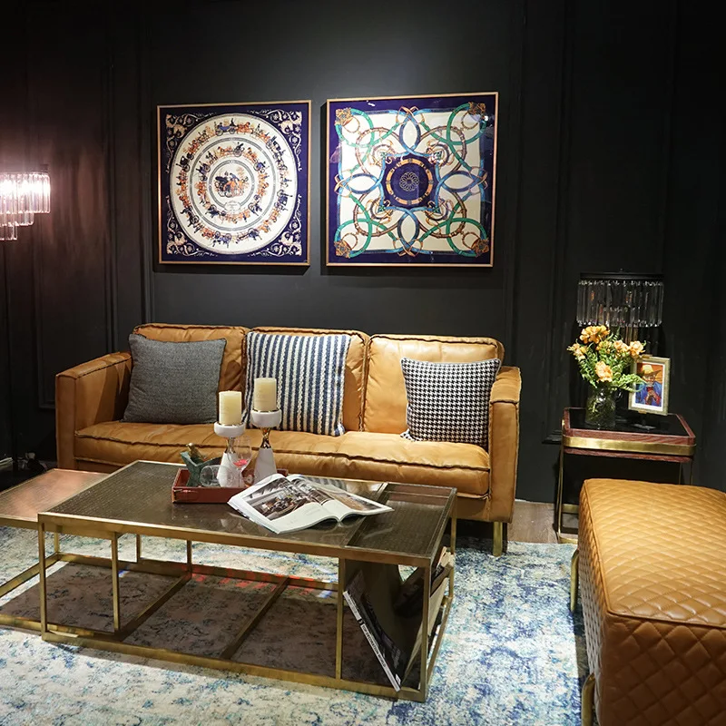 Light luxury genuine leather sofa, living room three-seater extended sofa, antique-style wax leather Italian minimalist