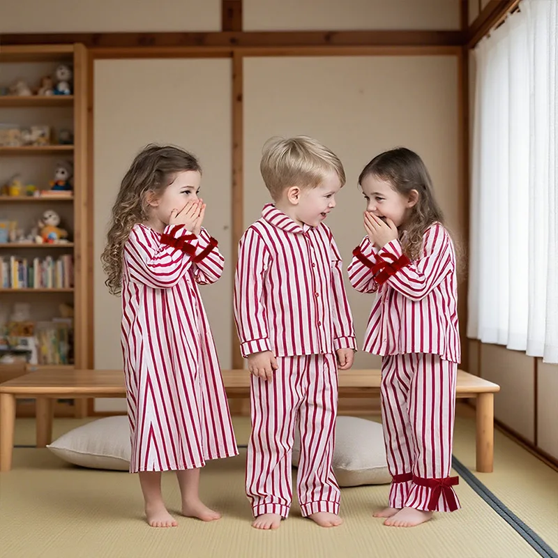 

Boys Girls Red Stripes Pajamas Children Christmas 100% Cotton Sleepwear Kids Clothing Sets Kids Clothes Girl Party Bow Dresses