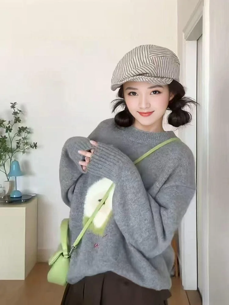 

Korean Sle Cartoon Embroidered Sweater Women's ey Lazy Sle Outerwear High End round Ne Knitted Top Trendy