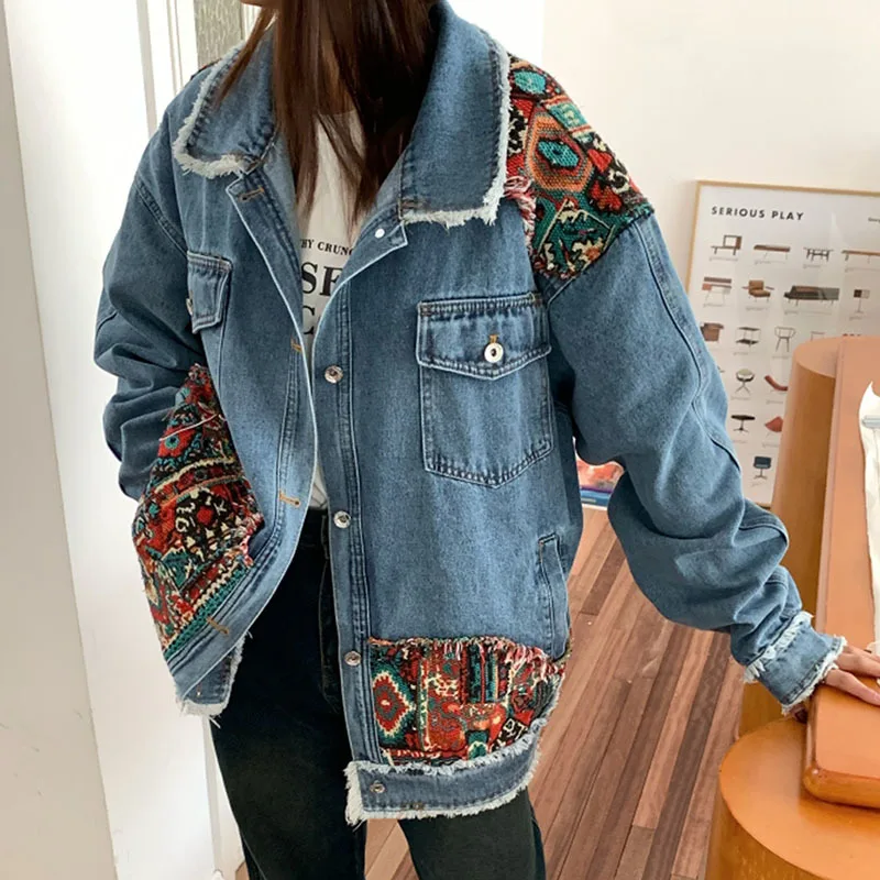 Spring Harajuku Vintage Ethnic Style Blue Short Denim Coat Women Contrast Color Patchwork Casual Lapel Long Sleeve Jeans Jacket