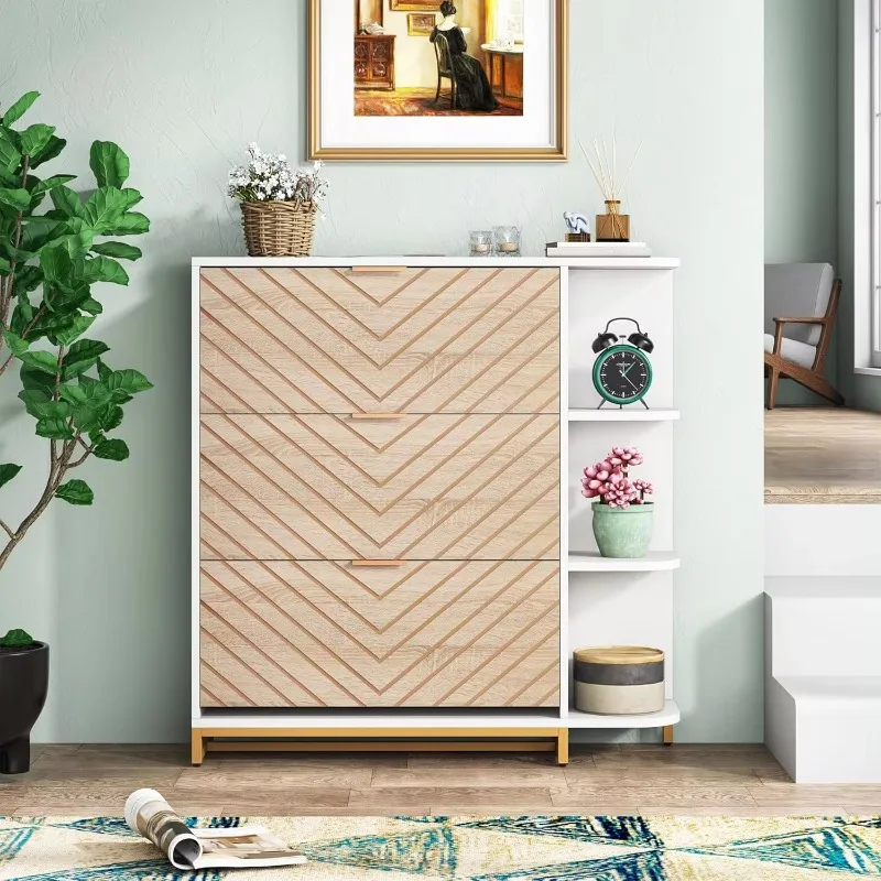 

Modern Shoe Cabinet with 3 Flip Drawers & Shelves, Wood Shoe Storage Cabinet Slim, Hidden Shoe Rack Freestanding Organizer