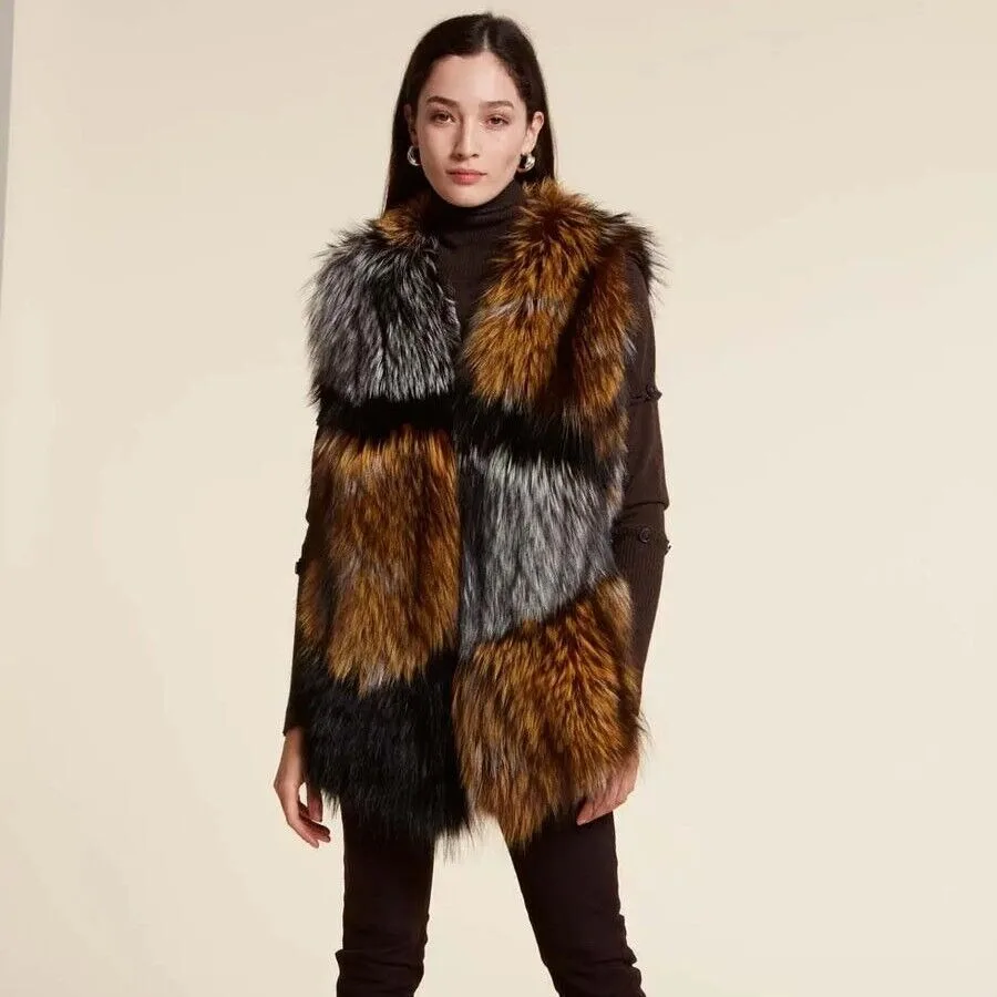 Luxury Real Fox Fur Vest Winter Warm 100% Natural Raccoon Fur Splicing Vest Woman Fluffy Silver Fox Fur Collar Cloak PLUS Size