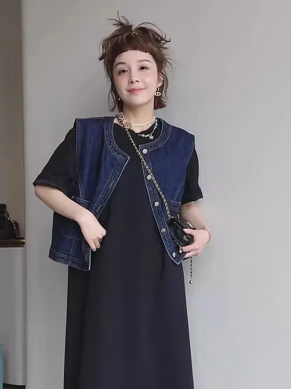 

Retro Japanese Sle Denim Vest Women's Spring Summer New Sle Layering Outerwear ort Size Slimming oulder Pad Vest