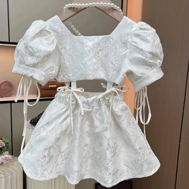 Fashion Baby Girl Princess Tie Dress Puff Sleeve Infant Toddle Child Square Collar Vestido Summer Casual Child Clothing 18M-12Y