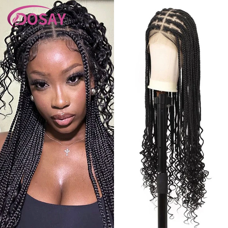 Perruques tressées synthétiques pour femmes noires, cheveux bouclés, devant en dentelle, pleine dentelle avec boucles, 24"