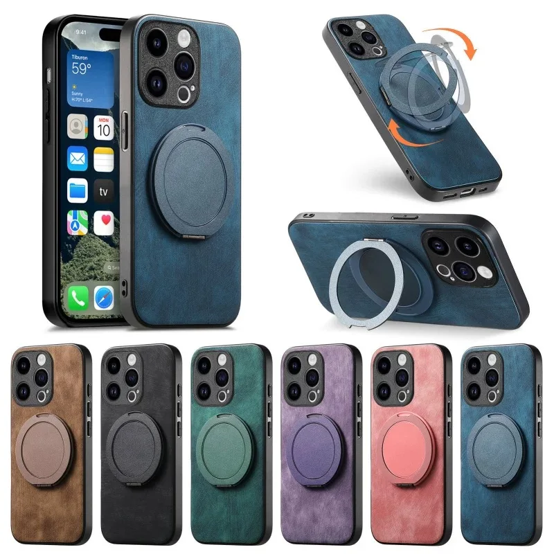 Magnetische PU-Lederhülle mit 360-Grad-Drehständer für iPhone 18 17 16 15 13 12 Mini 14 Pro Max Air Plus, stoßfeste Schutzhülle mit Standfunktion
