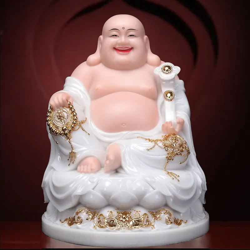 XL Maitreya Buddha Bodhisattva Big Belly Maitreya Buddha White Marble Stone Carving Lucky Laughing Buddha view 4