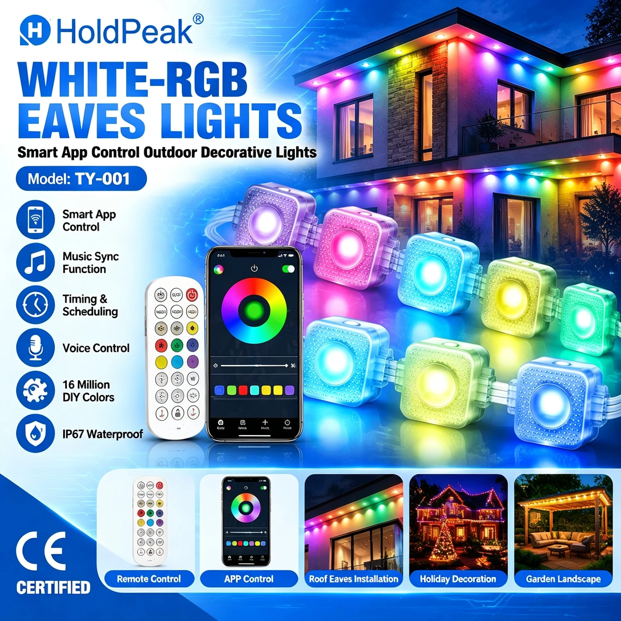 HoldPeak RGBIC Eaves Lights Smart APP Control Music Sync Timer DIY IP67 16M Colors 50000H for Halloween Roof Patio