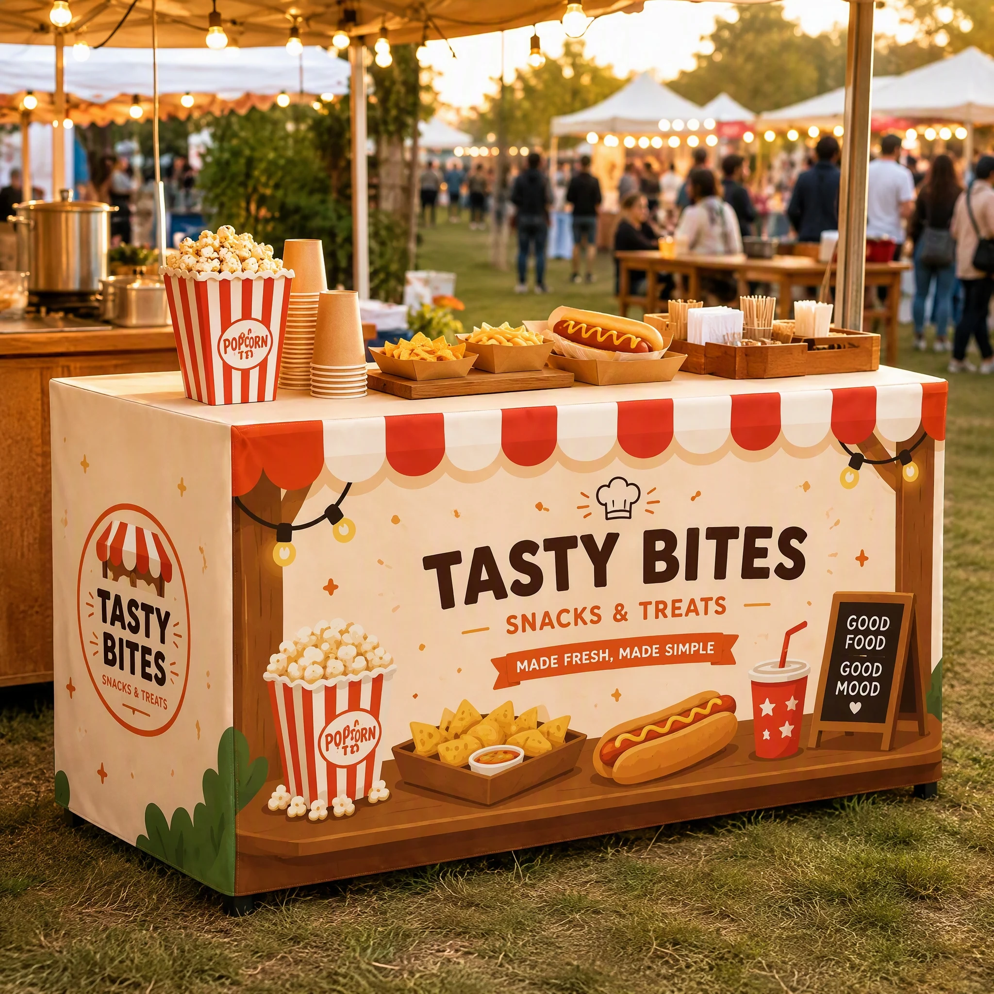 Custom Outdoor Food Vendor Tablecloth Personalized Logo Table Cover for Market Stall Street Food Booth Business Display