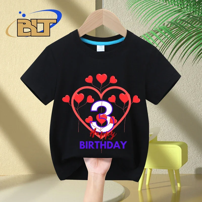 T-shirt estampada para festa de aniversário infantil, camiseta infantil de algodão de manga curta, adequada para meninos e meninas, verão