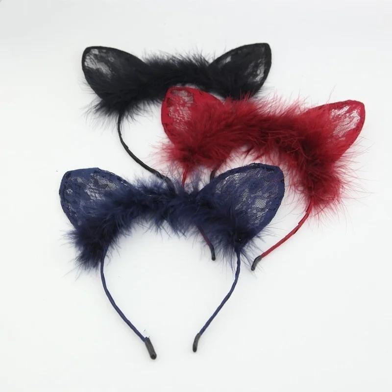 1Pc Cat Ears Feathers Lace Fox Ears Headbands Women Cute Costume Kids Hairbands Dance Party Headwear Hair Accessories