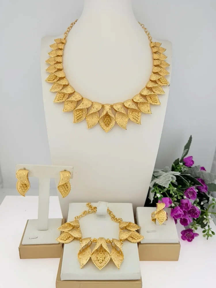 Luxury Filigree Leaf 4Pcs Jewelry Set For Women Multi Tone Gold Silver Rose Gold Plated Choker Necklace Earrings Bracelet Ring