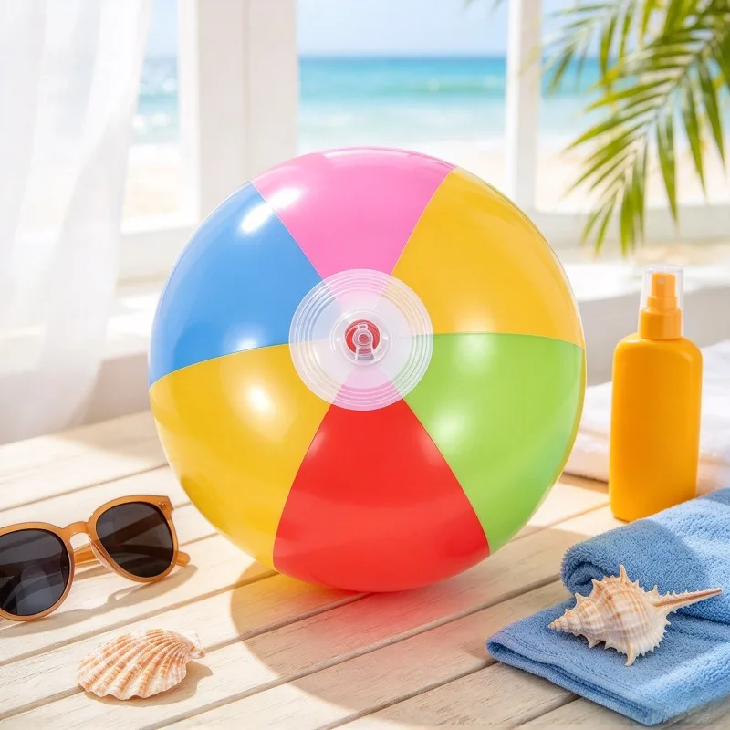 3 pelotas de playa inflables con diseño de arcoíris, hechas de PVC, resistentes, plegables y portátiles, ideales para la piscina, la playa, fiestas al aire libre y actividades deportivas.