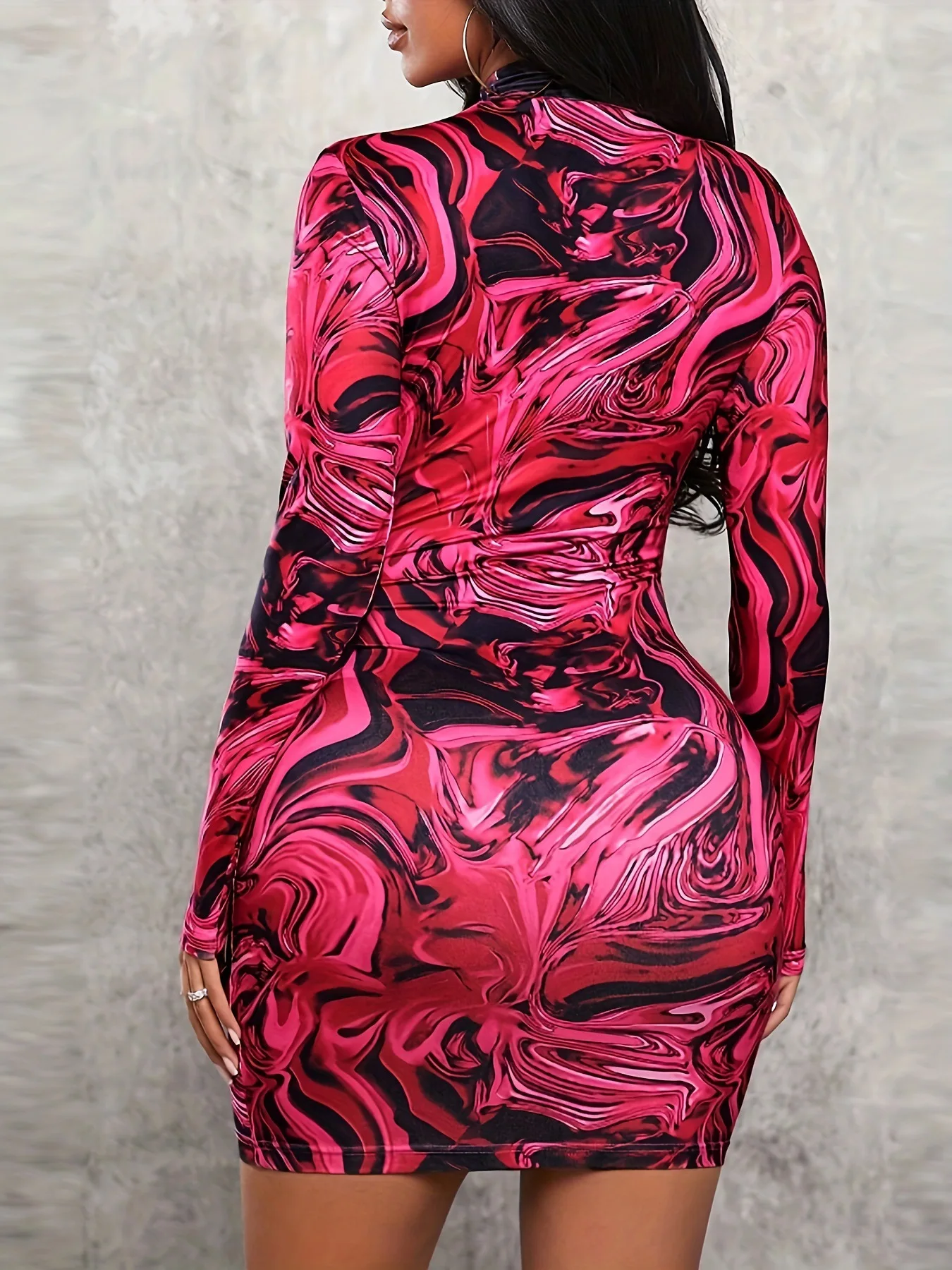 BKLD 2026 Autumn New Printed Tight Fitting Dress Sexy Club Outfits For Women Stand Collar Long Sleeve Hip Hugging Short Dresses